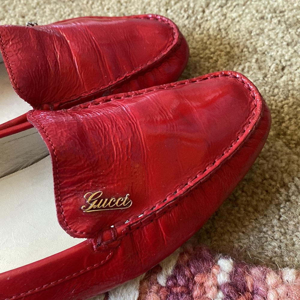Gucci Womens Patent Leather Red Driving Moccassins Loafers Size 38.5/ 8.5 US GUC